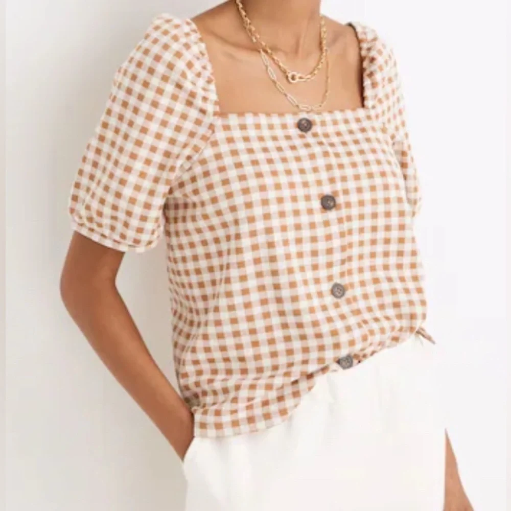 Madewell Gingham Jacquard Square-Neck Puff-Sleeve Top XXS